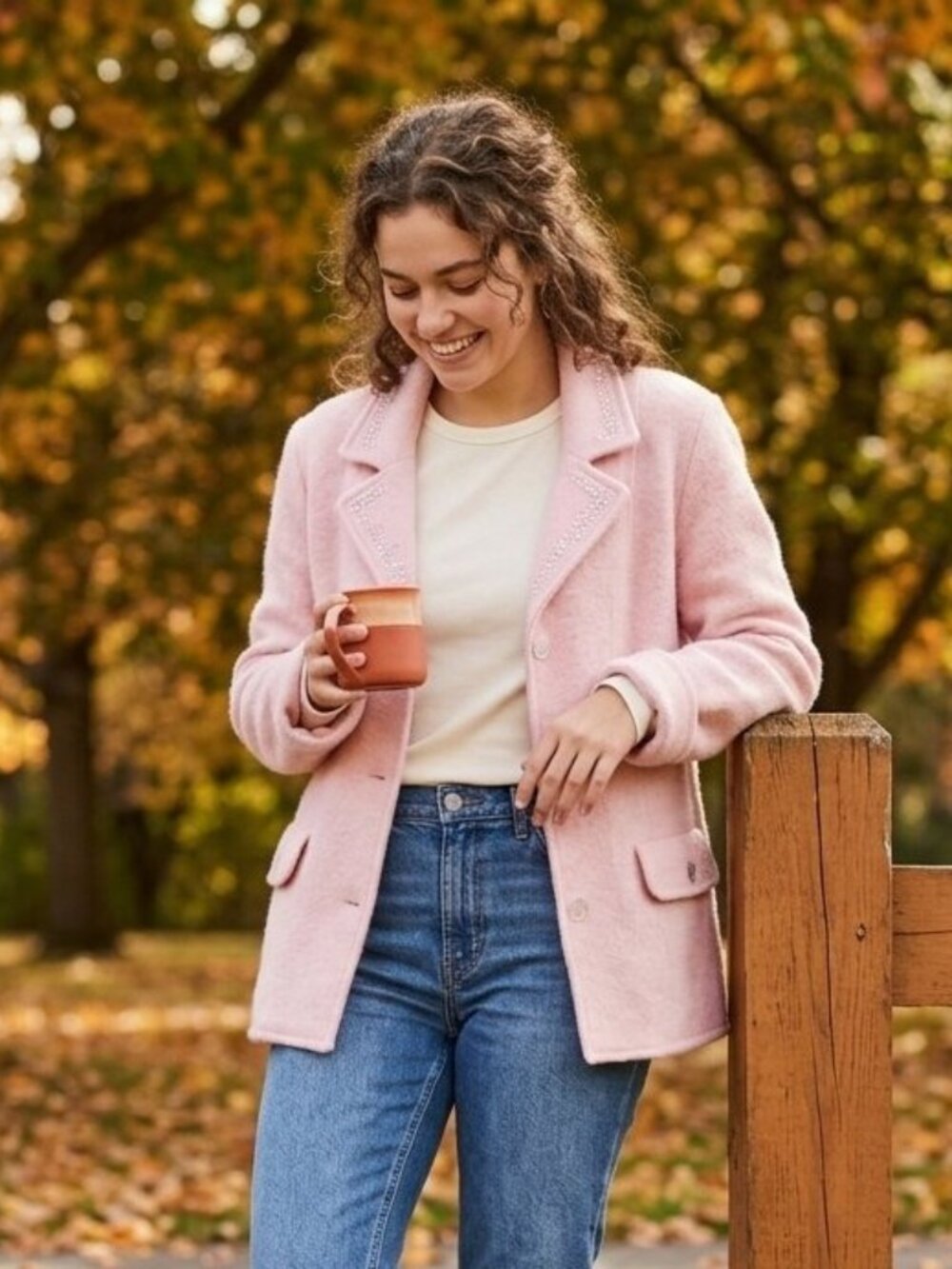 Pink 100% Wool Knit Sweater Blazer Small Beaded Collar Womens Pockets Cottage